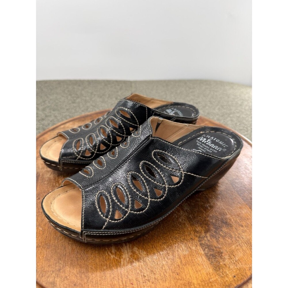 Moran Shoes Wm 39 Black Leather Open-Toe Slip-On Mules Sandals Anatomic Comfort